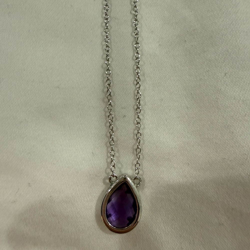 Zales Silver Necklace with Purple Teardrop Pendant